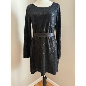 Express Black Sequin Long Sleeve Mini Dress with Satin Tie Belt – Size M